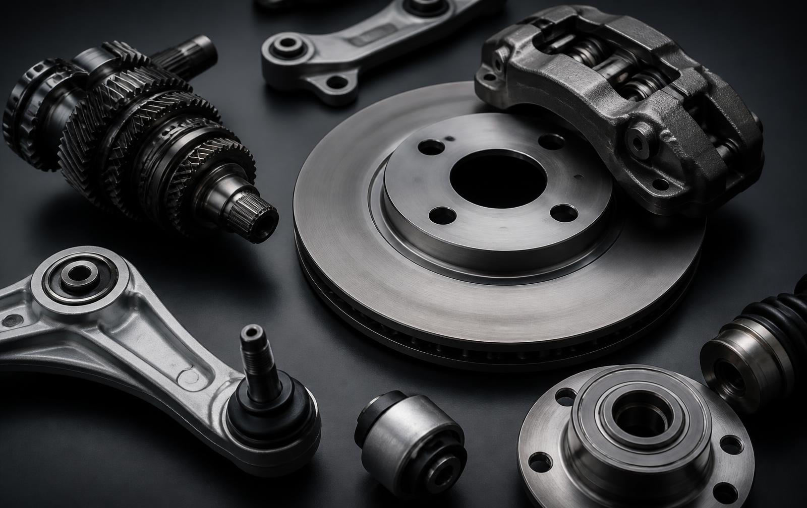 Precision automotive components arranged on a dark surface