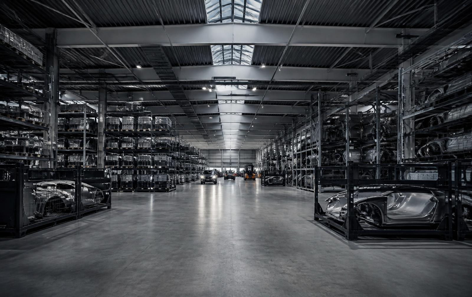 Automotive logistics warehouse with component racking